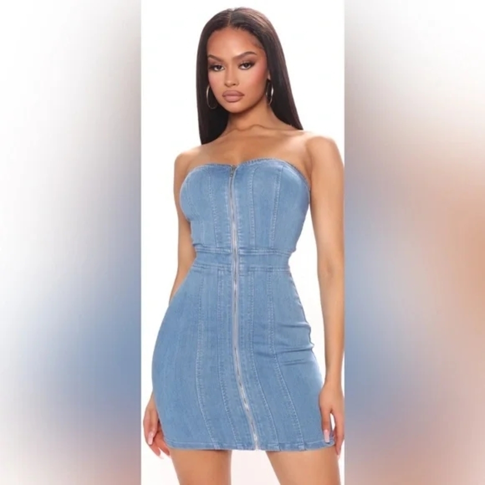 Haute Monde Strapless Blue Denim Dress